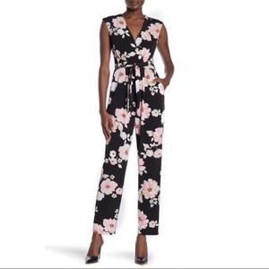 Eliza J Cap Sleeve V Neck Floral Jumpsuit with Adjustable Waist Tie Pink/Black